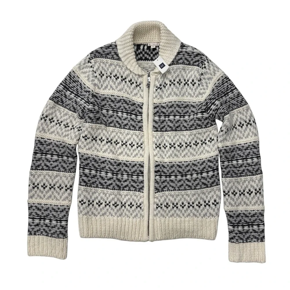 Gap Womens Fair Isle Zip Up Cardigan Wool Alpaca Blend Shawl Collar Cream M Tall